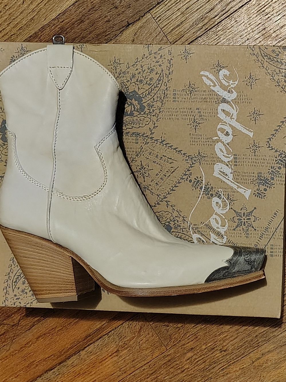 Free People Brayden Leather Western Boot In Bone with A Pewter Etched Toe Cap